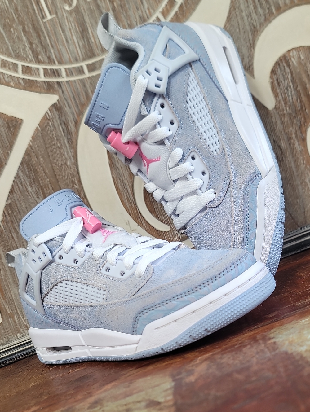 Jordan Women’s Light Blue and White Sneakers with Pink Accent